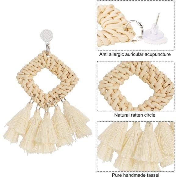 4 Pairs Rattan Earrings Lightweight Geometric Tassel Woven Bohemian Earrings - Picture 2 of 6